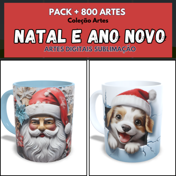 Pack artes digitais sublimação canecas Natal e Ano Novo 3D